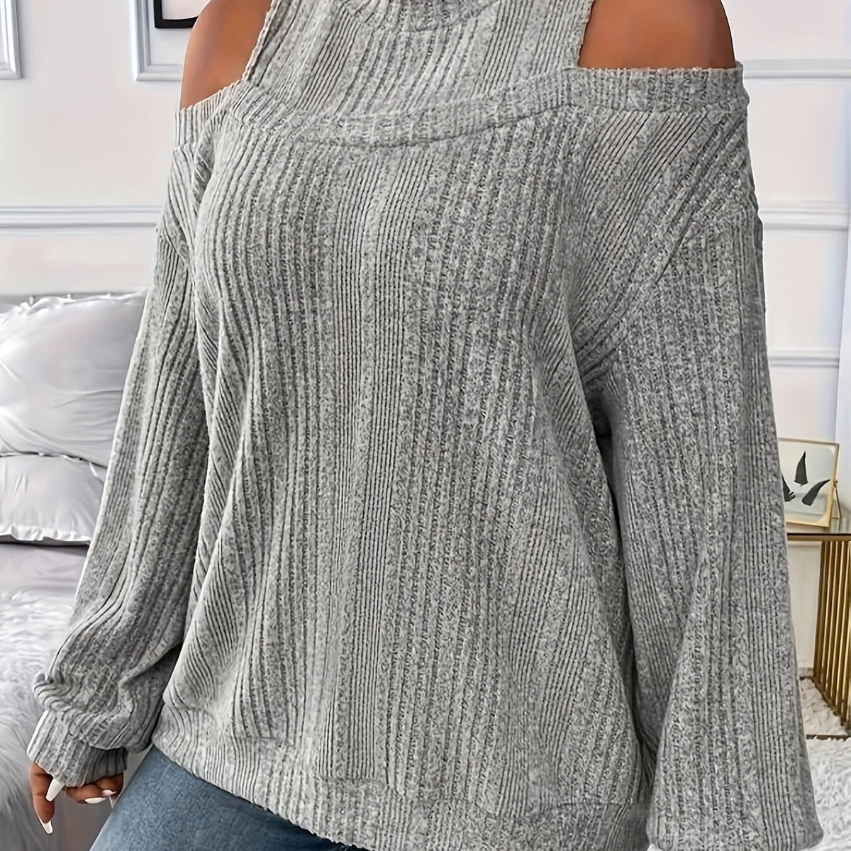 jkthpu-45 grey / UK 18 Elegant Plus Size Solid Long Sleeve Knit Tee