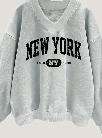 KissICON Hoodie Grey / UK 18 / US 14 Plus Size V-Neck Letter Print Sports Hoodie Sweater