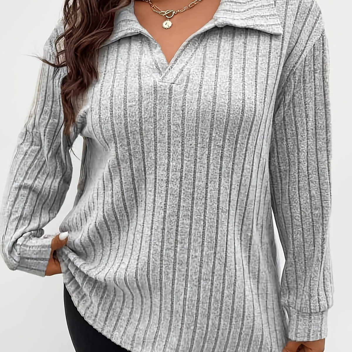 jkthpu-45 grey / UK 18 Wholesale Plus Size Ribbed Lapel Long Sleeve Solid Top