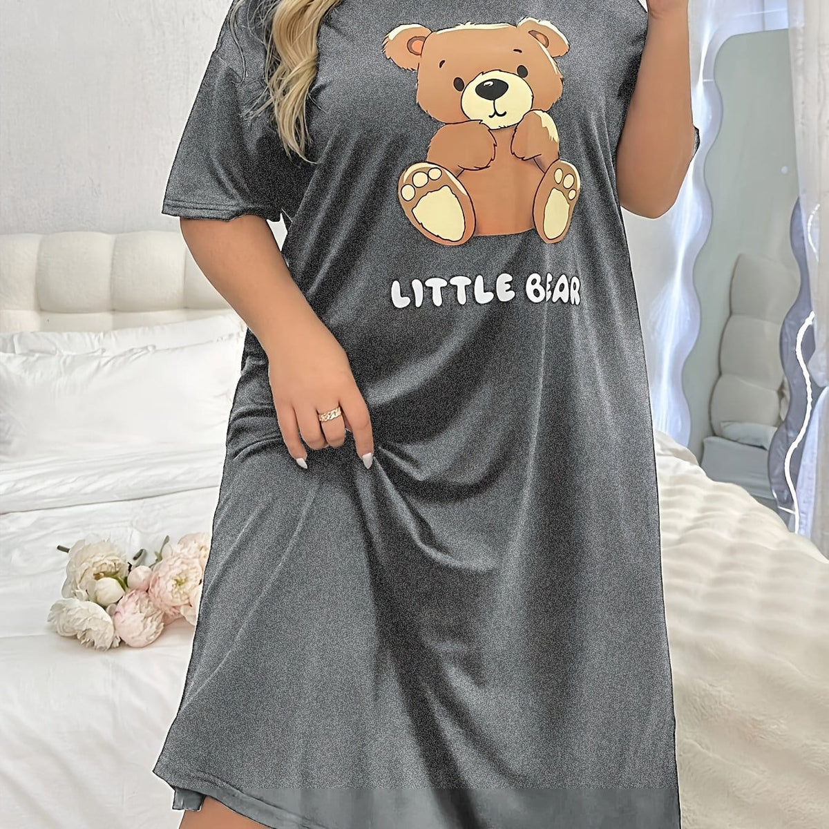 jkthpu-45 Grey / UK 18 Women's Plus Cute Sleep Dress, Plus Size Cartoon Bear & Letter Print Short Sleeve Crew Neck Nightdress