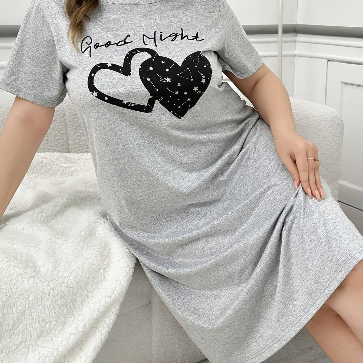 jkthpu-45 Grey / UK 18 Women'S Plus Size Casual Sleepshirt Dress with Heart Print - Soft Polyester, Short Sleeve, Round Neck, Easy Care, All-Season Comfort, Gray, Casual Wear Dress | Playful Print Dress | Comfortable Fit, Plus Size Dress