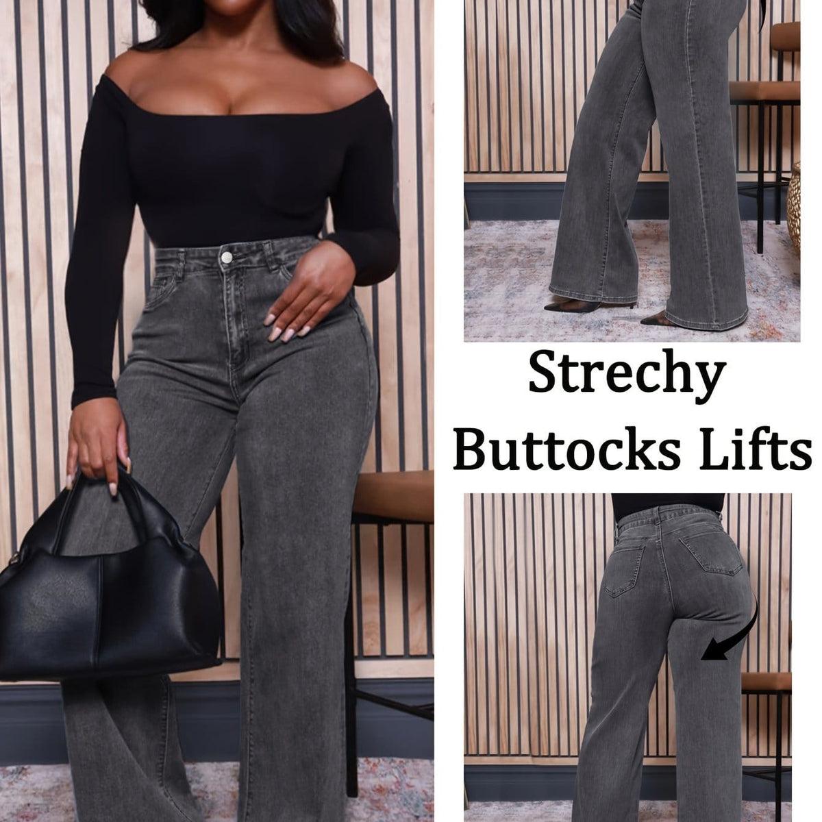 jkthpu-45 Grey / UK 26 Plus Size Women's Gray Slim-Fit Denim Flare Pants