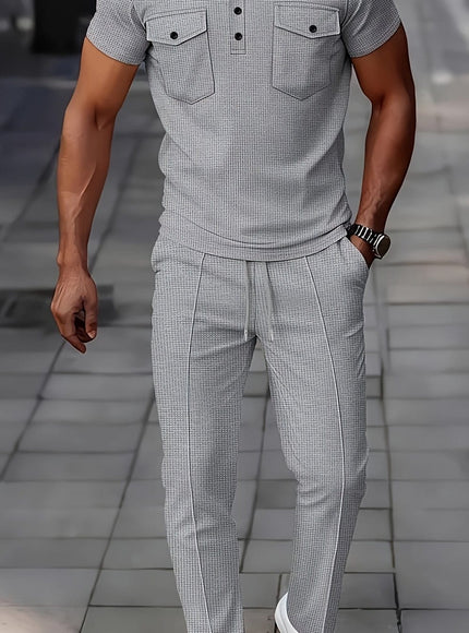 KissICON Grey / UK 36 Mens Waffle Knit Polo  Pants Summer Casual Set