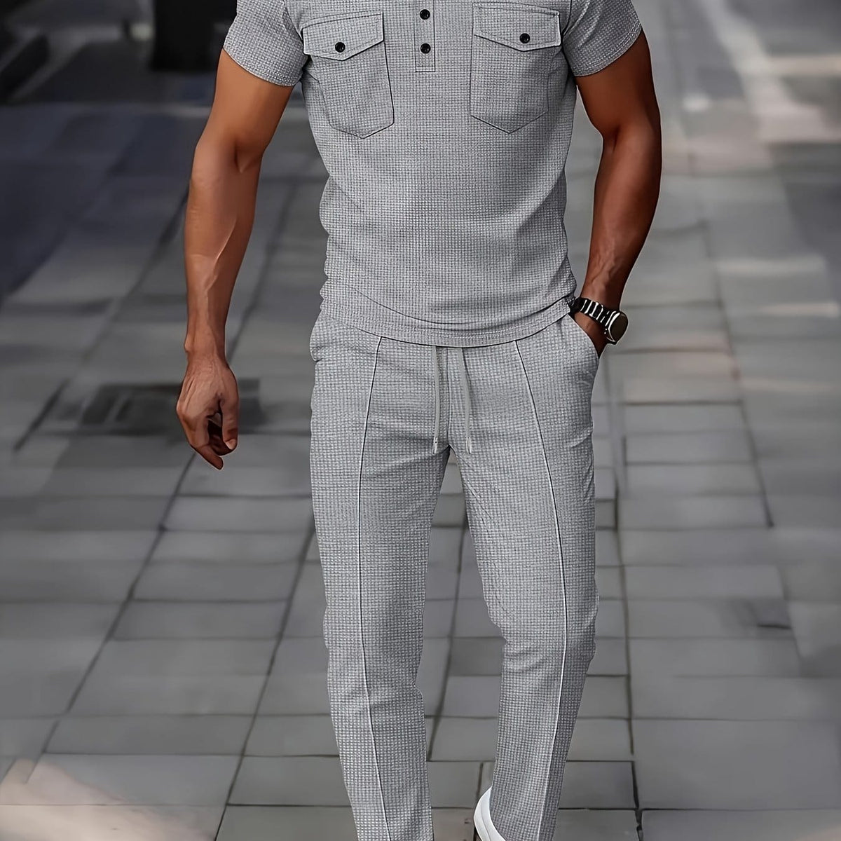KissICON Grey / UK 36 Mens Waffle Knit Polo  Pants Summer Casual Set