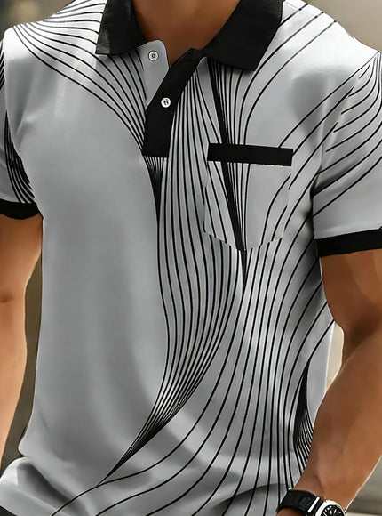 KissICON Grey / UK 42 Dynamic Line Print Mens Modern ShortSleeve Polo