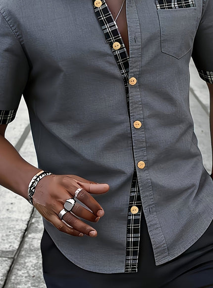 KissICON Grey / UK 44 Breathable Plaid Trim Summer Casual ShortSleeve Shirt