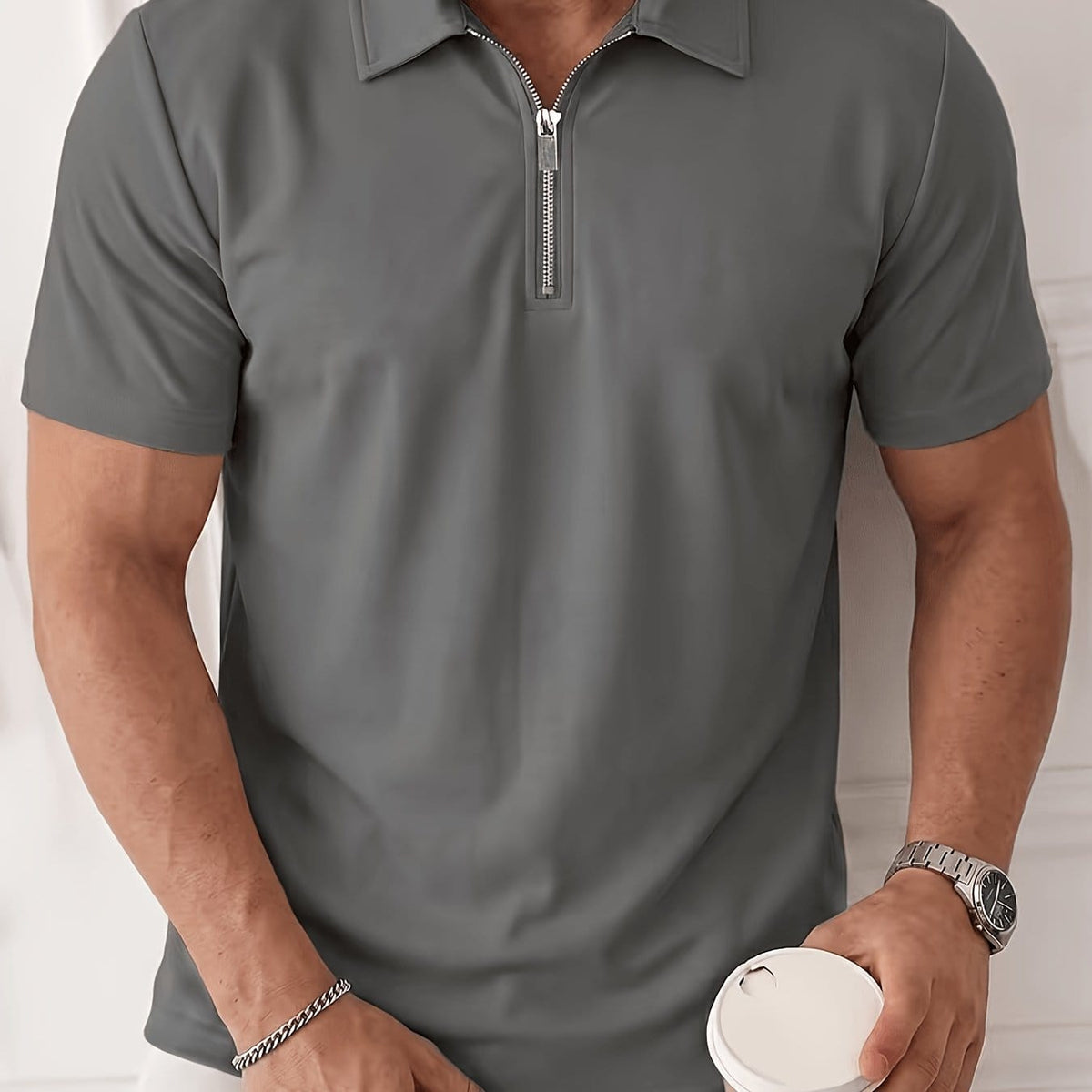 KissICON Grey / UK 44 Mens Ice Silky Metal Lapel Polo Breathable Summer Casual Comfort