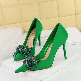 KissICON H27 Green 10.5cm / 43 / CHINA Rhinestones Women Pointed Toe Shallow Mouth Pumps Crystal