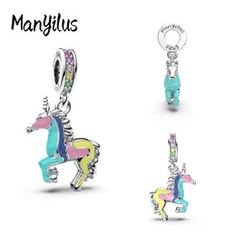 KissICON H83 Manyilus S925 Silver Pastel Carousel Unicorn Charm for Original Bracelet Dreamy Fantasy Jewelry Pendant DIY Magical Kawaii Gift