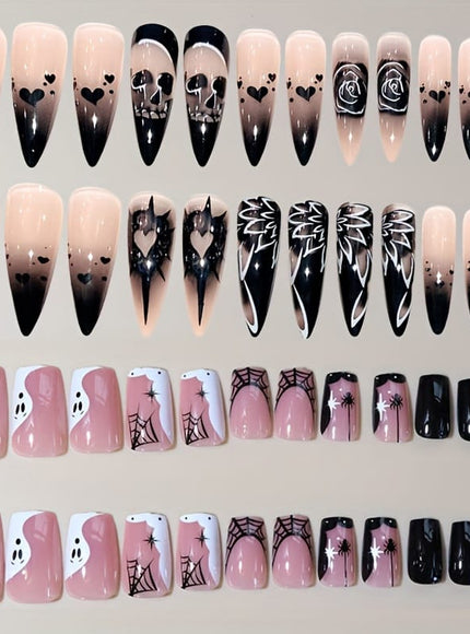 KissICON Halloween 48Pcs Press Nails Almond Pointed Spider Design