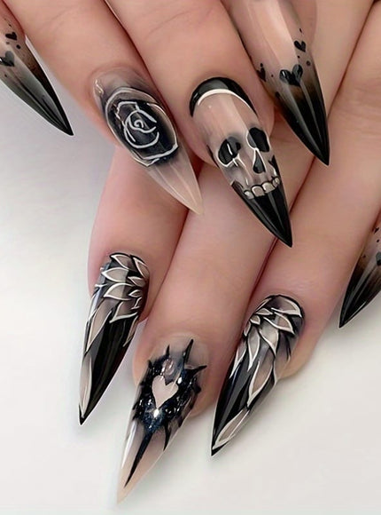 KissICON Halloween 48Pcs Press Nails Almond Pointed Spider Design