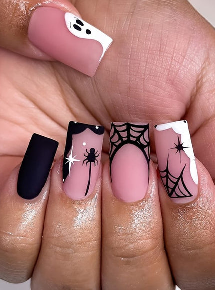 KissICON Halloween 48Pcs Press Nails Almond Pointed Spider Design