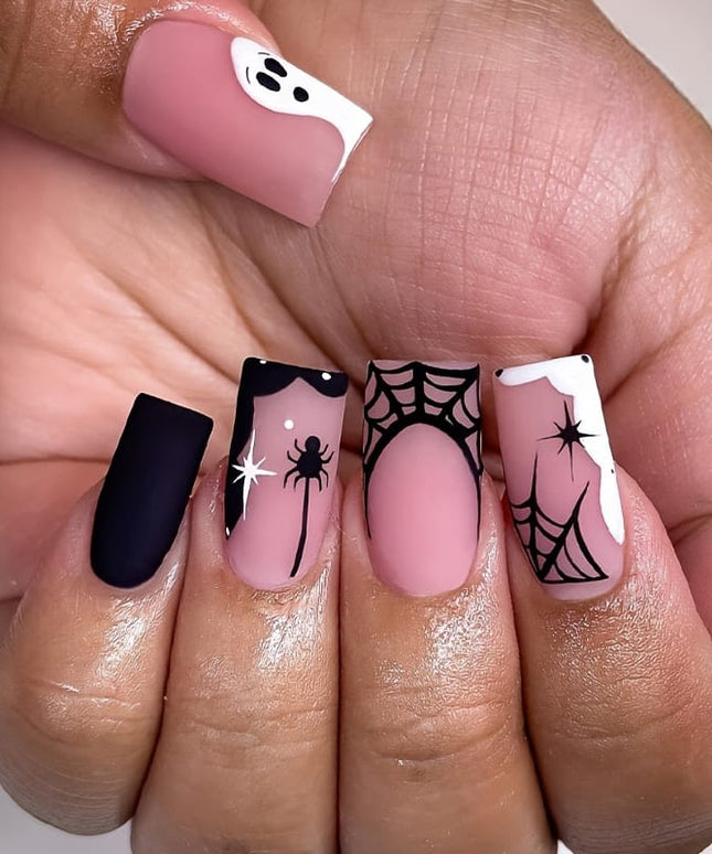 KissICON Halloween 48Pcs Press Nails Almond Pointed Spider Design