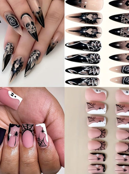 KissICON Halloween 48Pcs Press Nails Almond Pointed Spider Design