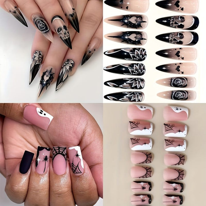 Halloween 48Pcs Press Nails Almond Pointed Spider Design