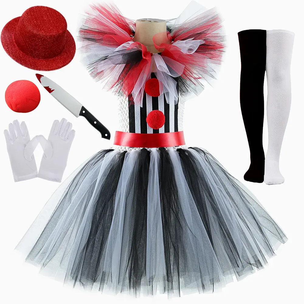 KissICON Halloween Art The Clown Costume for Kids Carnival Party Fancy Tutu Dress Girls Scary Striped Killer Clown Terrifier Costumes Set