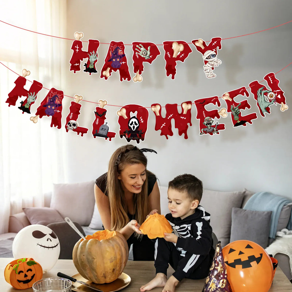 KissICON Halloween Ceiling Hangings: Skeletons, Mummies, Bloodstained Handprints, Bat Garlands. Kids Halloween Home Decor