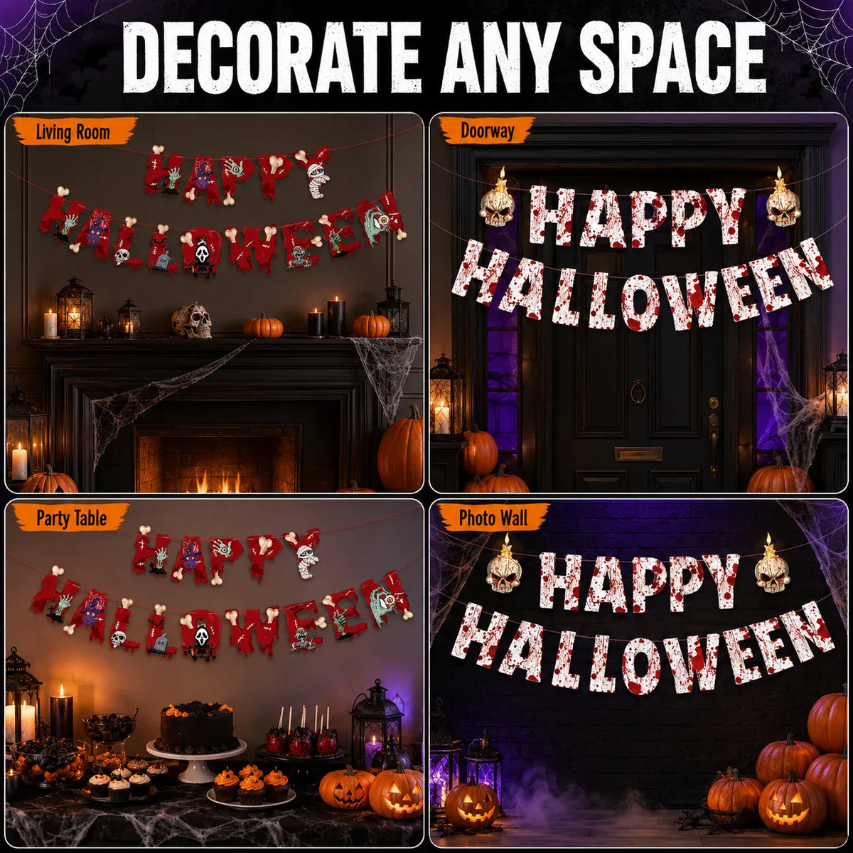 KissICON Halloween Ceiling Hangings: Skeletons, Mummies, Bloodstained Handprints, Bat Garlands. Kids Halloween Home Decor