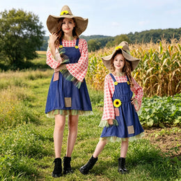 KissICON Halloween Cosplay Costume Parent Enfant Outfit Pioneer Woman Colonial Dress Enfants Floral Village With Hats Costumes