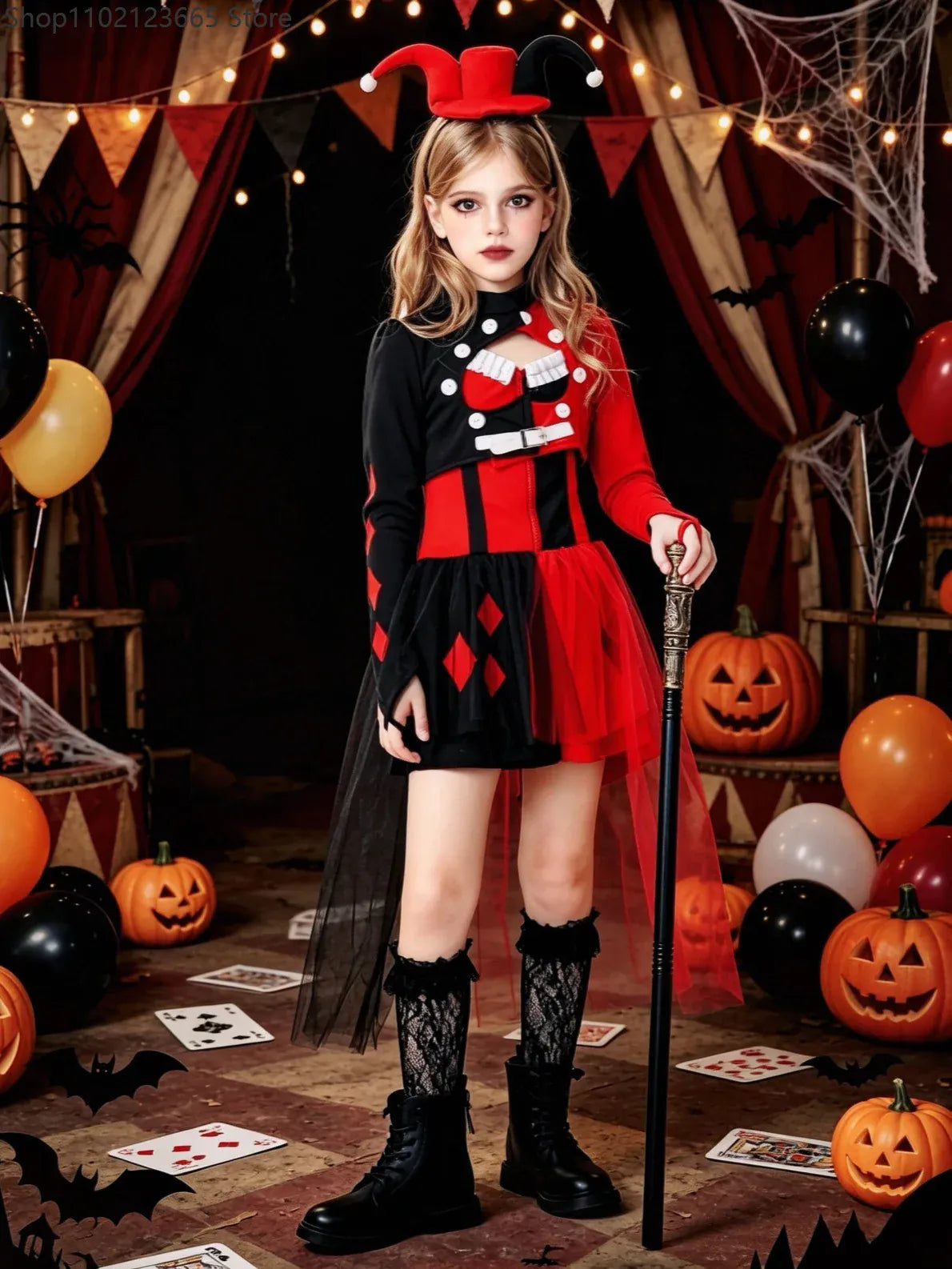 KissICON Halloween Cosplay Costumes Horror Clown Dresses Headwear Clothes Sets Carnival Theme Party Circus Carnival Role Playing Outfits