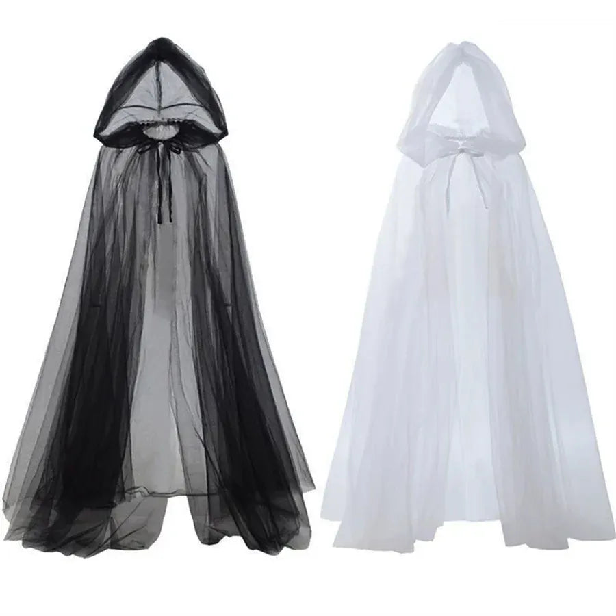 KissICON Halloween   cosplay - ghost costume with hooded cloak, death god witch net-like long dress, full-length performance outfit