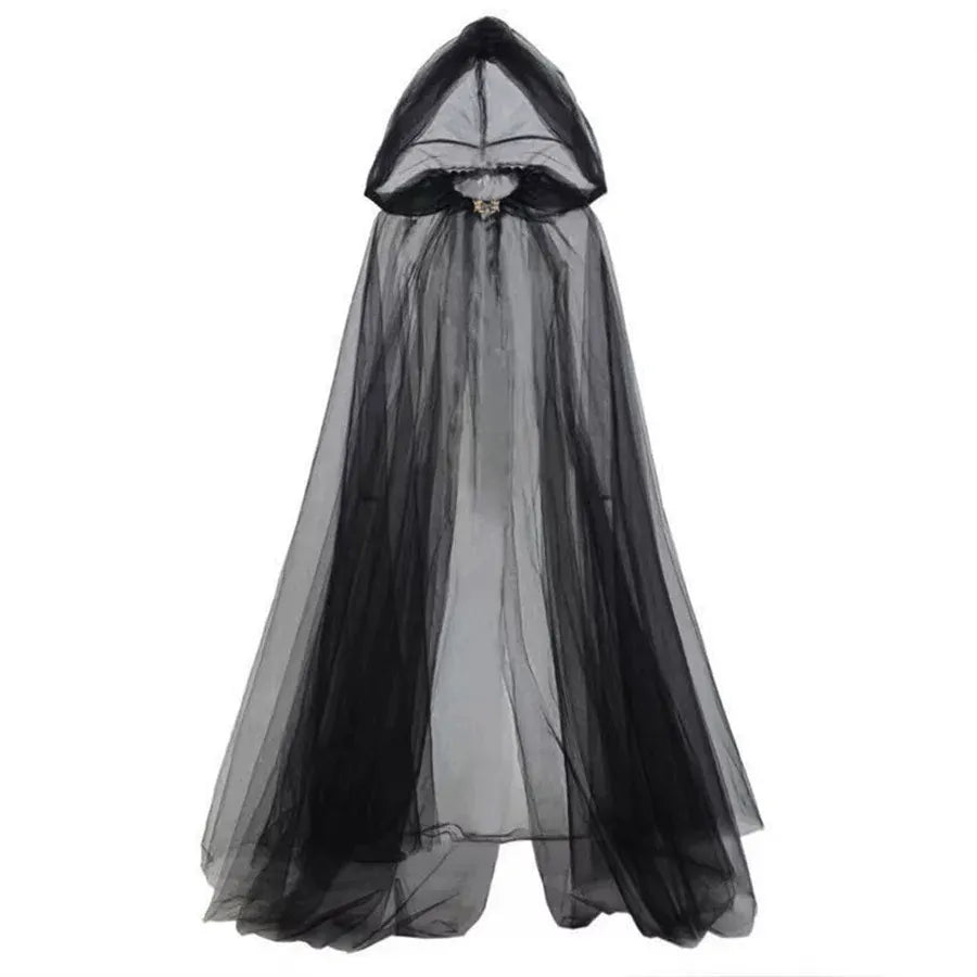 KissICON Halloween   cosplay - ghost costume with hooded cloak, death god witch net-like long dress, full-length performance outfit