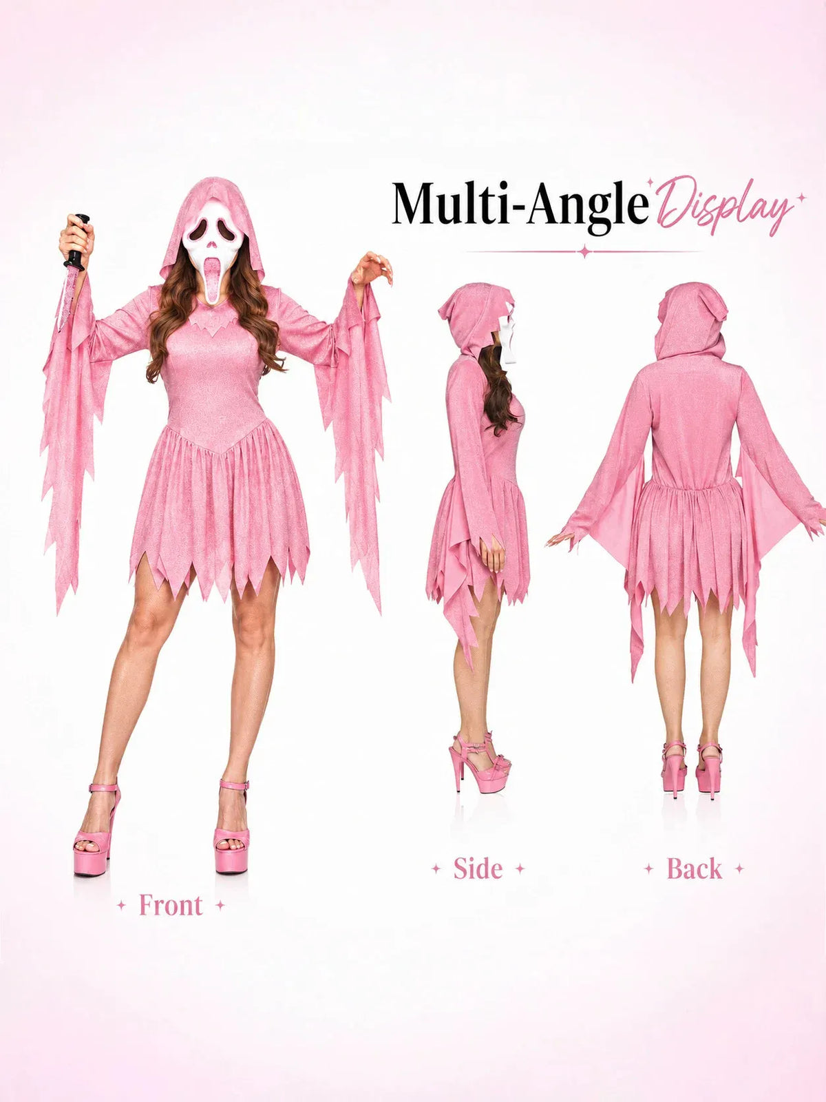 KissICON Halloween cosplay, ghost mask, shiny pink costume, girl role-playing, Halloween costume, makeup, ball props