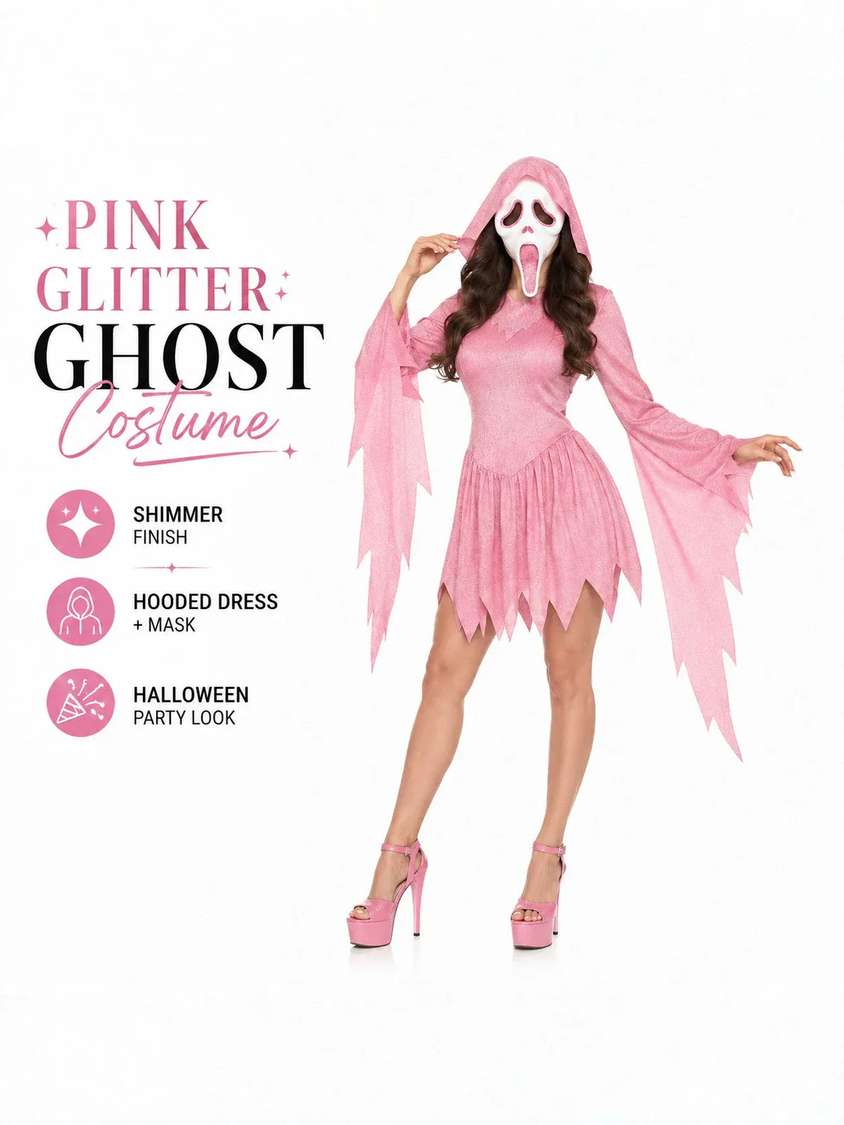 KissICON Halloween cosplay, ghost mask, shiny pink costume, girl role-playing, Halloween costume, makeup, ball props