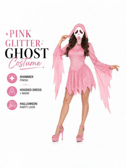 KissICON Halloween cosplay, ghost mask, shiny pink costume, girl role-playing, Halloween costume, makeup, ball props