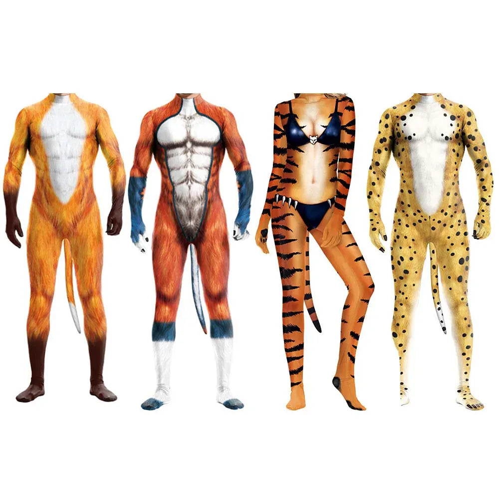KissICON Halloween Costume  Adult Mens Wild Animal Cosplay Costume Full Cover 3D Print Beast Petsuit Jumpsuit Bodysuit Tail