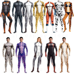 KissICON Halloween Costume  Adult Mens Wild Animal Cosplay Costume Full Cover 3D Print Beast Petsuit Jumpsuit Bodysuit Tail