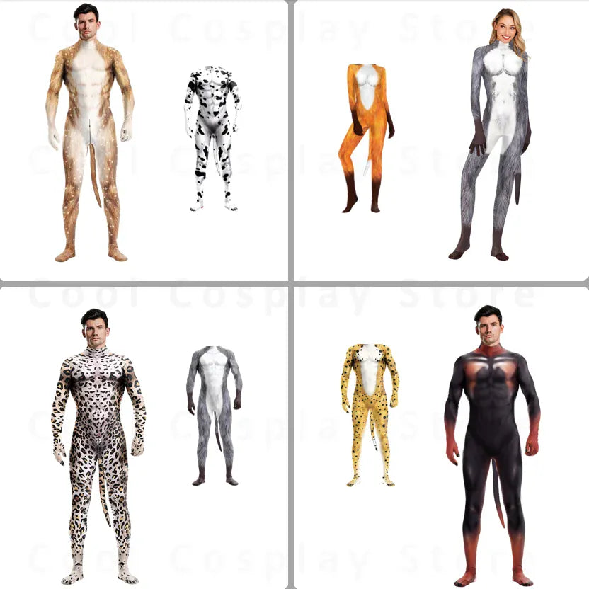 KissICON Halloween Costume  Adult Mens Wild Animal Cosplay Costume Full Cover 3D Print Beast Petsuit Jumpsuit Bodysuit Tail