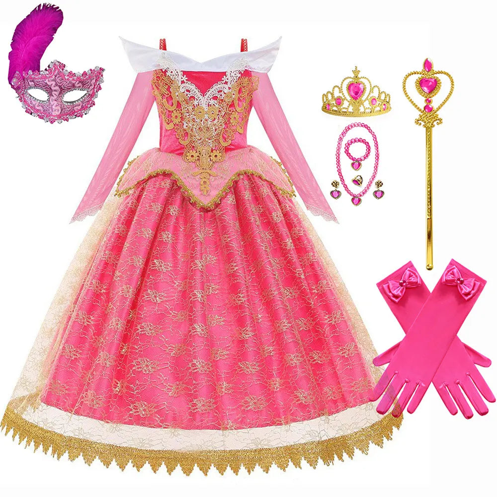 KissICON Halloween Costume  Autumn and Winter New Girls Aurora Dress Sleeping Beauty Princess Aurora Skirt Super Fairy Foreign Style Lace