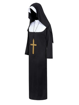 KissICON Halloween Costume  Cosplay Nun Costume Jumpsuit and Headscarf Cross Traditional Adult Sister Black Robe Religious Costumes