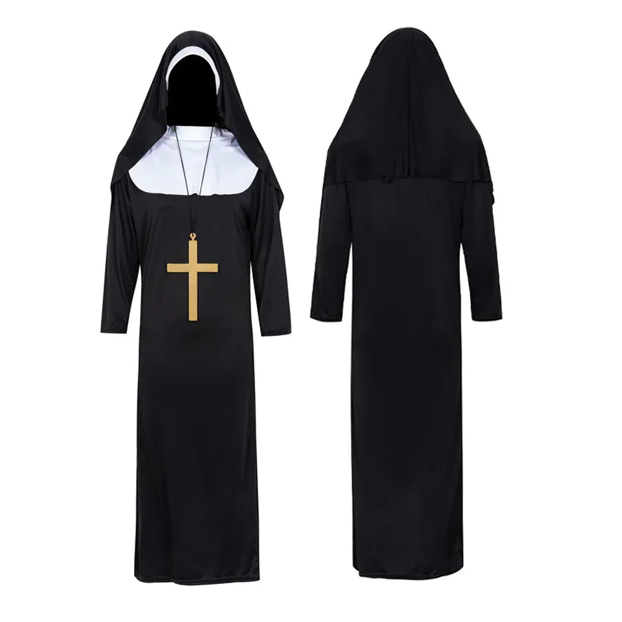 KissICON Halloween Costume  Cosplay Nun Costume Jumpsuit and Headscarf Cross Traditional Adult Sister Black Robe Religious Costumes