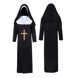 KissICON Halloween Costume  Cosplay Nun Costume Jumpsuit and Headscarf Cross Traditional Adult Sister Black Robe Religious Costumes