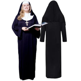 KissICON Halloween Costume  Cosplay Nun Costume Jumpsuit and Headscarf Cross Traditional Adult Sister Black Robe Religious Costumes