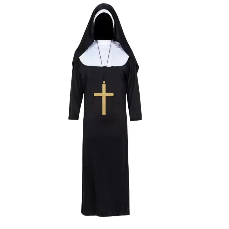 KissICON Halloween Costume  Cosplay Nun Costume Jumpsuit and Headscarf Cross Traditional Adult Sister Black Robe Religious Costumes