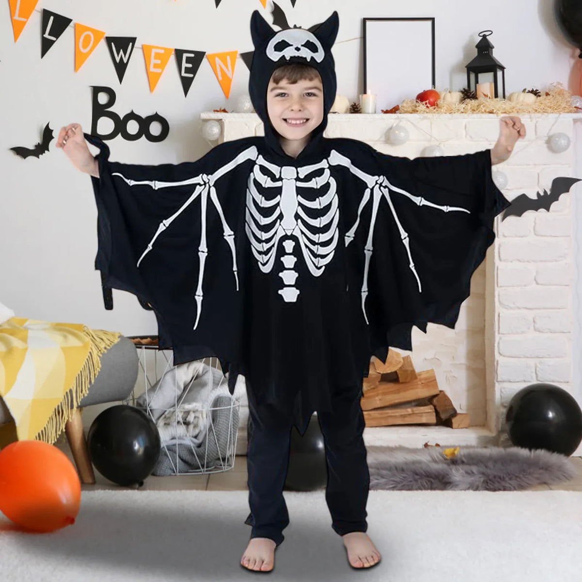 KissICON Halloween Costume for Boys Creative Skeleton/Bat Hooded Jumpsuit for Cosplay Party