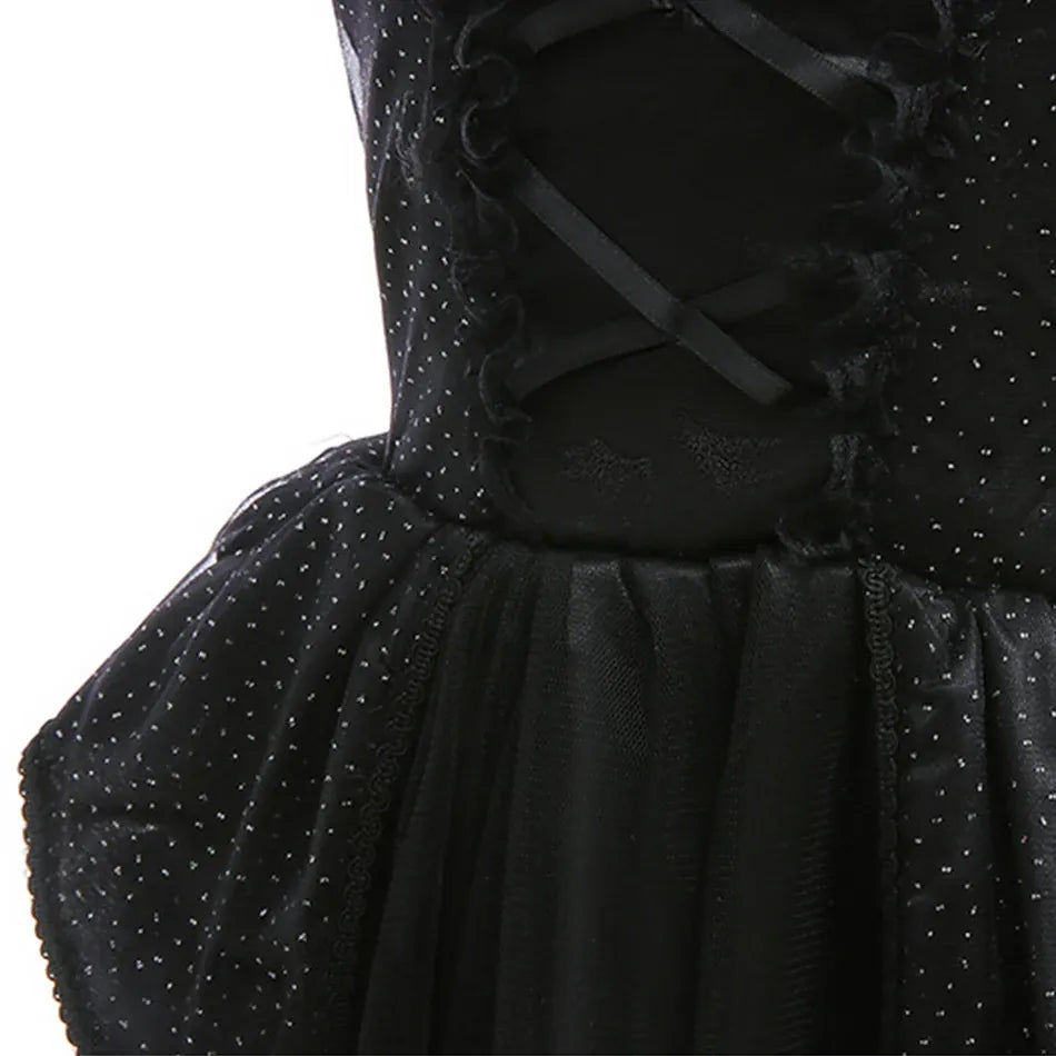 KissICON Halloween Costume For Kids Black Witch Dress Luxury Lace Sequin Evil Role Playing Costume Maleficent Dress Up Outfit Ghost Bride