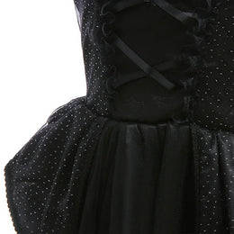 KissICON Halloween Costume For Kids Black Witch Dress Luxury Lace Sequin Evil Role Playing Costume Maleficent Dress Up Outfit Ghost Bride