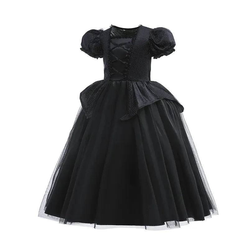 KissICON Halloween Costume For Kids Black Witch Dress Luxury Lace Sequin Evil Role Playing Costume Maleficent Dress Up Outfit Ghost Bride