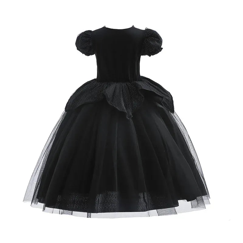 KissICON Halloween Costume For Kids Black Witch Dress Luxury Lace Sequin Evil Role Playing Costume Maleficent Dress Up Outfit Ghost Bride