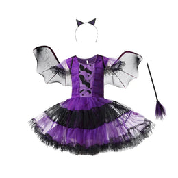 KissICON Halloween Costume for Kids Girls Purple Bat Dress Halloween Fantasy Vampire Costume Accessories Carnival Party Gifts