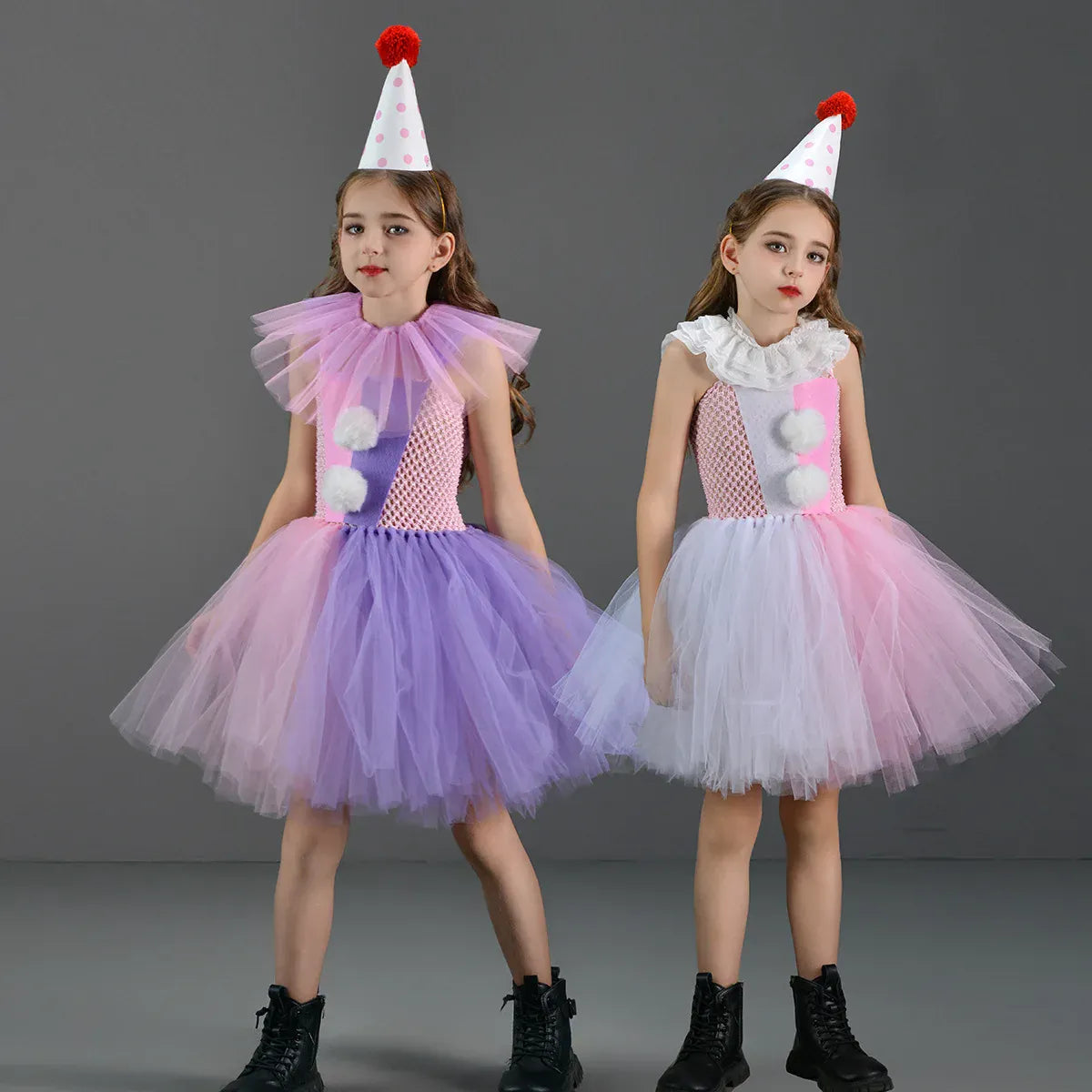 KissICON Halloween Costume For Kids Gray Girls Tutu Dress Kids Cosplay Scary Clown Costume Girl Carnival Masquerade Party Dress Up 2-12Y