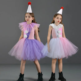 KissICON Halloween Costume For Kids Gray Girls Tutu Dress Kids Cosplay Scary Clown Costume Girl Carnival Masquerade Party Dress Up 2-12Y