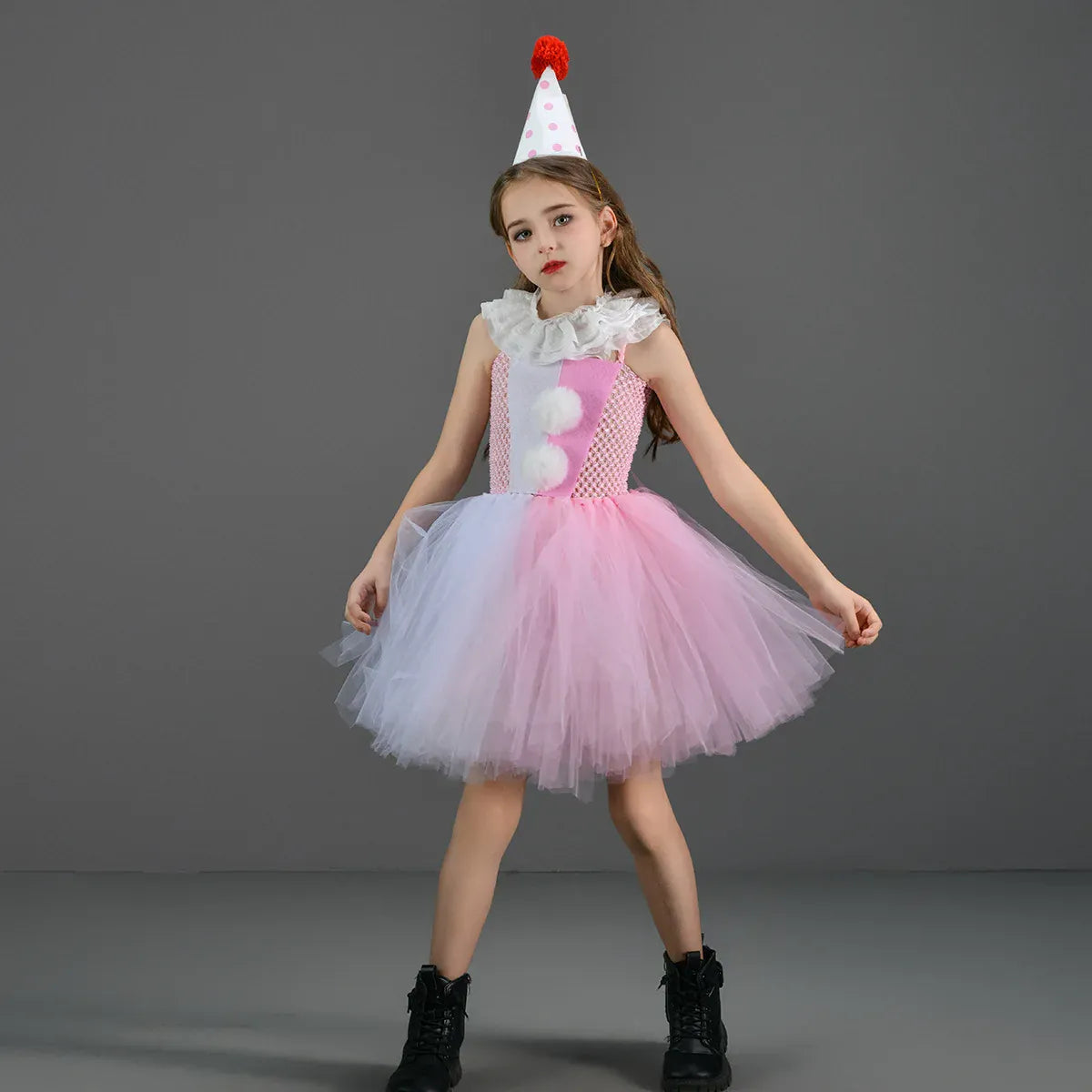 KissICON Halloween Costume For Kids Gray Girls Tutu Dress Kids Cosplay Scary Clown Costume Girl Carnival Masquerade Party Dress Up 2-12Y
