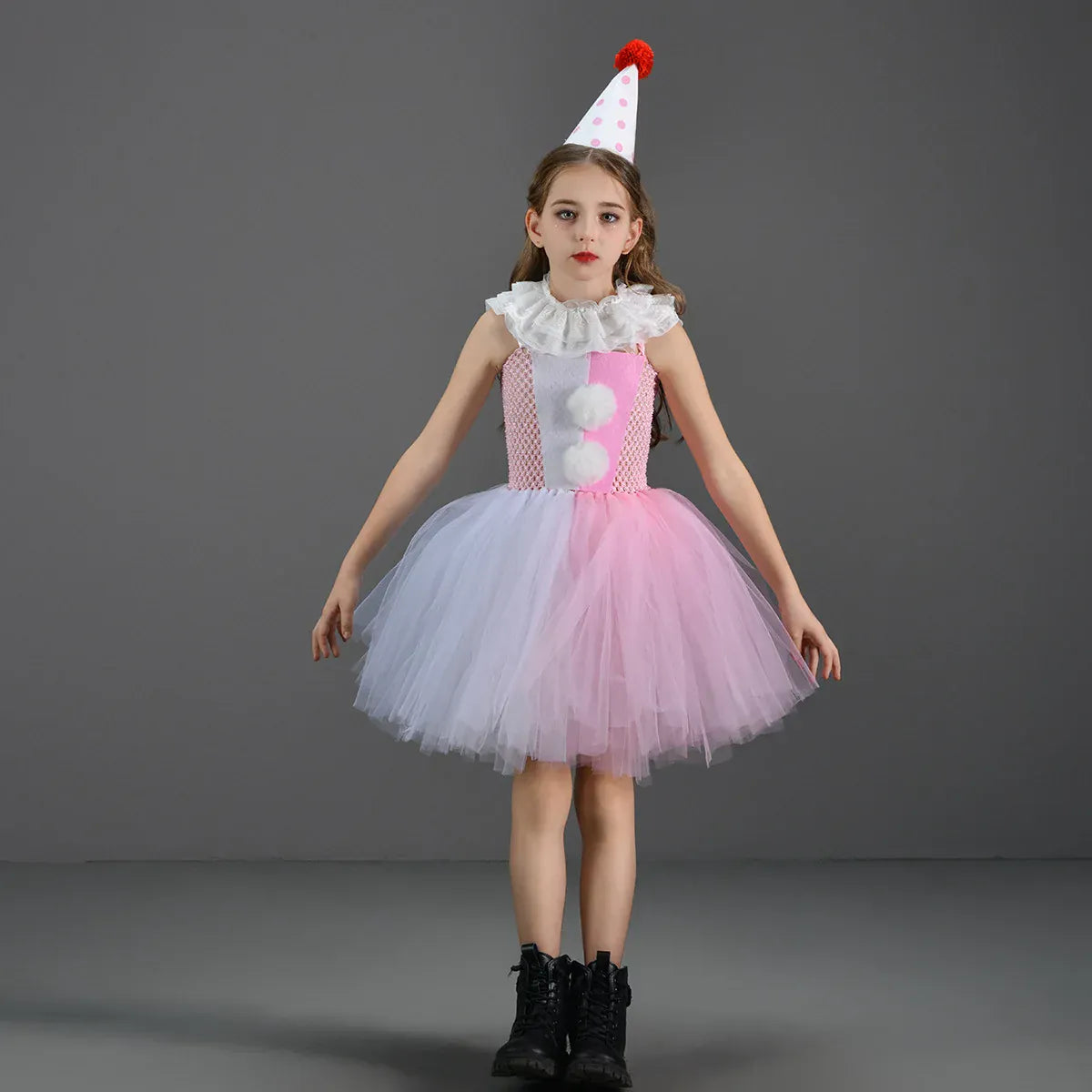 KissICON Halloween Costume For Kids Gray Girls Tutu Dress Kids Cosplay Scary Clown Costume Girl Carnival Masquerade Party Dress Up 2-12Y