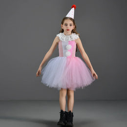 KissICON Halloween Costume For Kids Gray Girls Tutu Dress Kids Cosplay Scary Clown Costume Girl Carnival Masquerade Party Dress Up 2-12Y