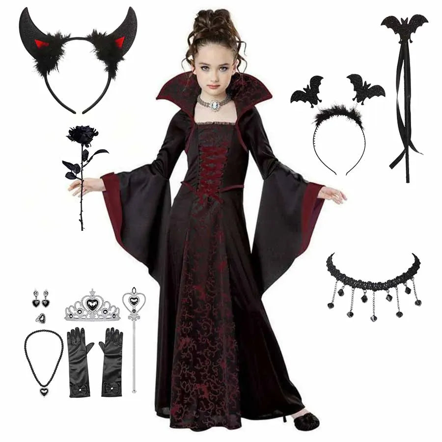 KissICON Halloween Costume for Kids Halloween Fantasy Vampire Costume Girls Long Tutu Dress Kids Carnival Outfit Gothic Feather Clothes